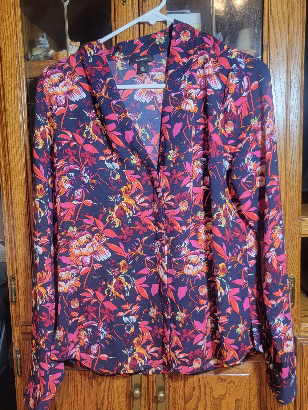 Halogen Navy Blouse with Pink & Coral Floral Print Size Small